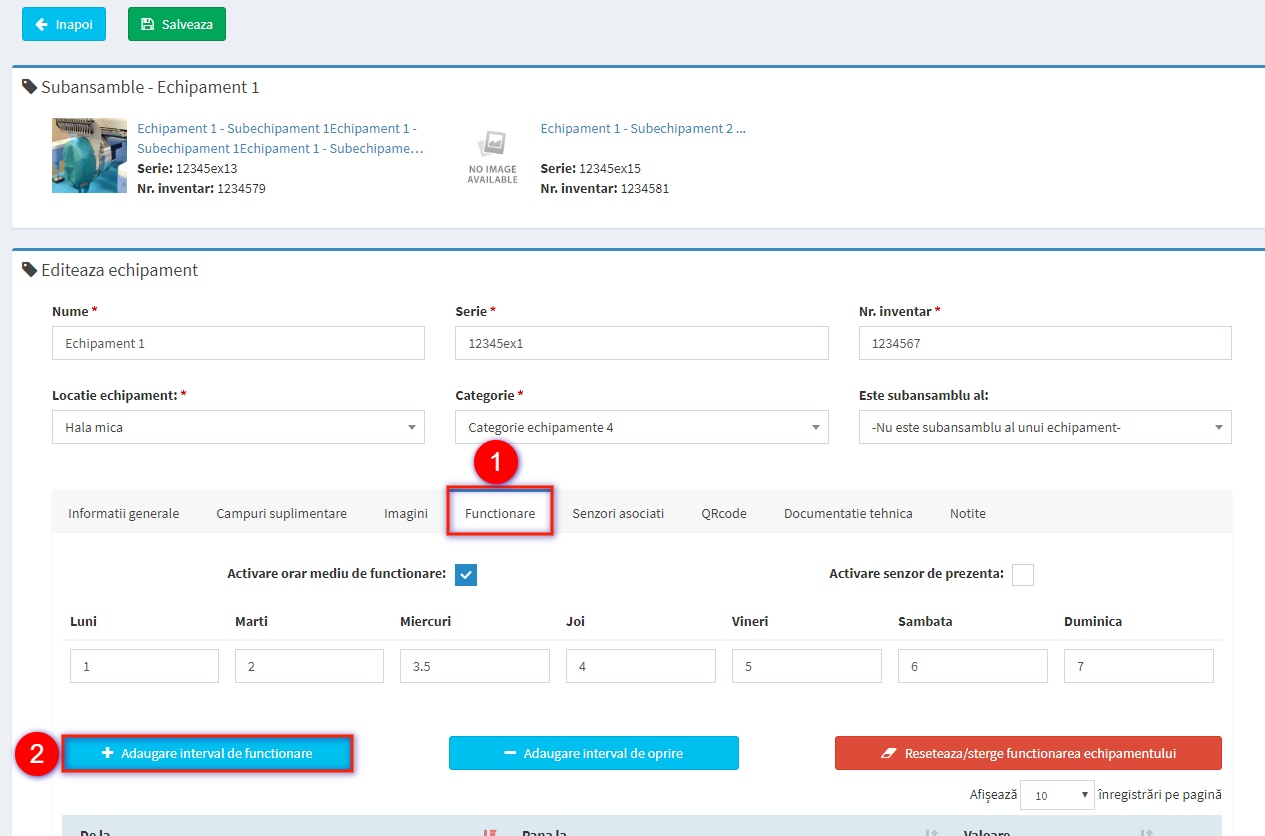 pagina adauga interval de functionare