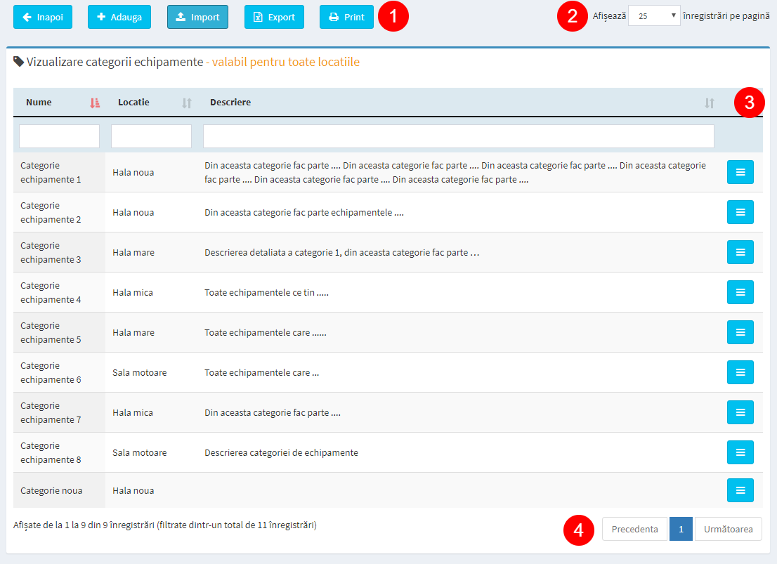 pagina administrare categorii echipamente