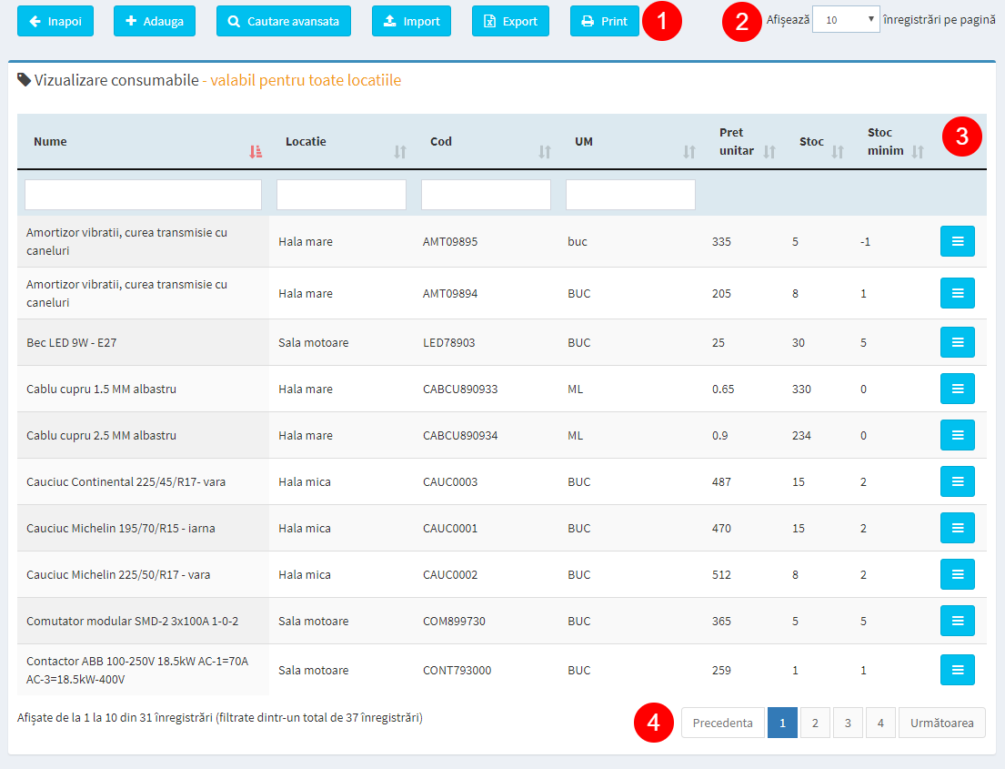 pagina management consumabile