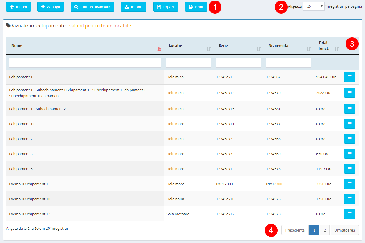 pagina management echipamente