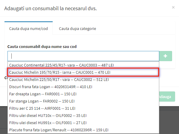 modal selectie material necesar consumabile cautare dupa nume/cod pas 1