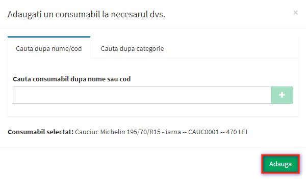 modal selectie material necesar consumabile cautare dupa nume/cod pas 3