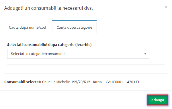 modal selectie material necesar consumabile dupa categorie pas 2