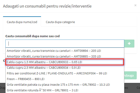 modal selectie material revizii preventive cautare dupa nume/cod pas 1