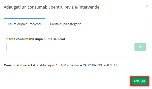 modal selectie material revizii preventive cautare dupa nume/cod pas 3