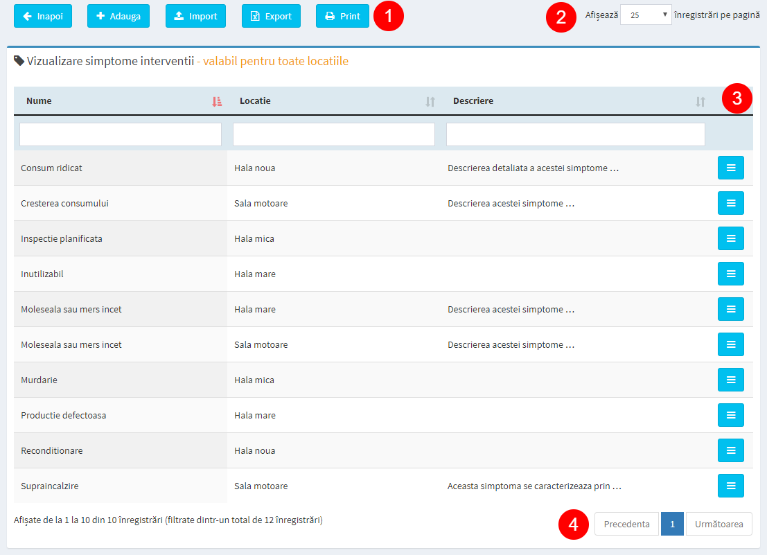 pagina administrare simptome