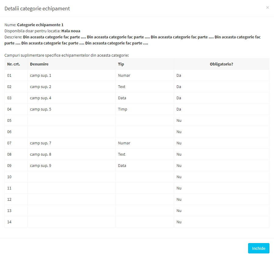 modal vizualizare categorie echipamente