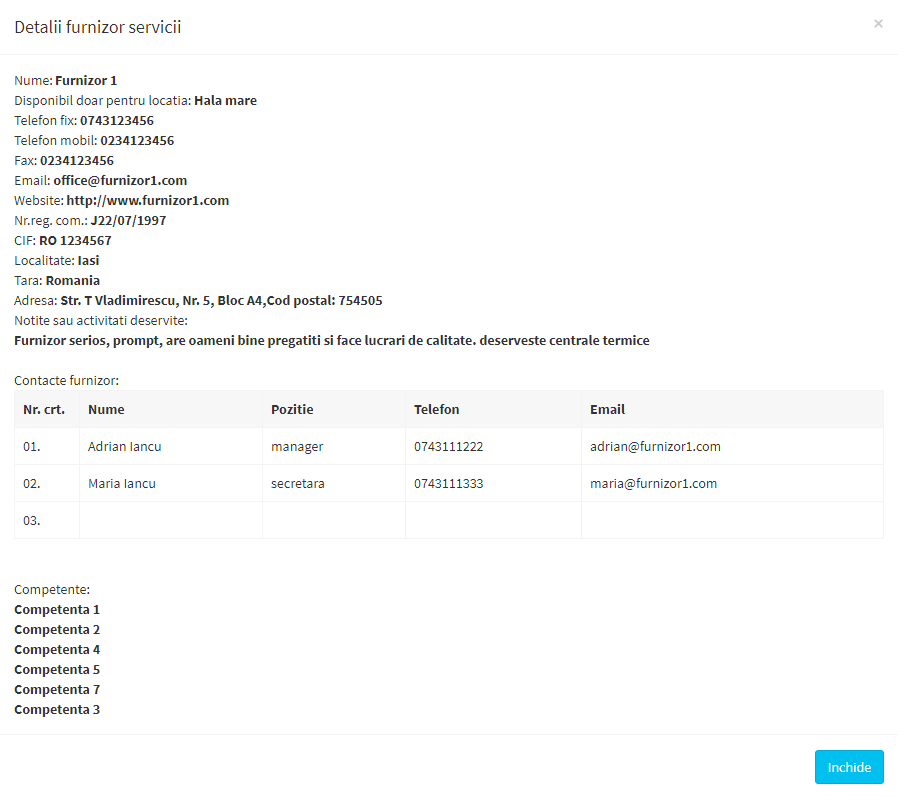 modal vizualizare furnizor